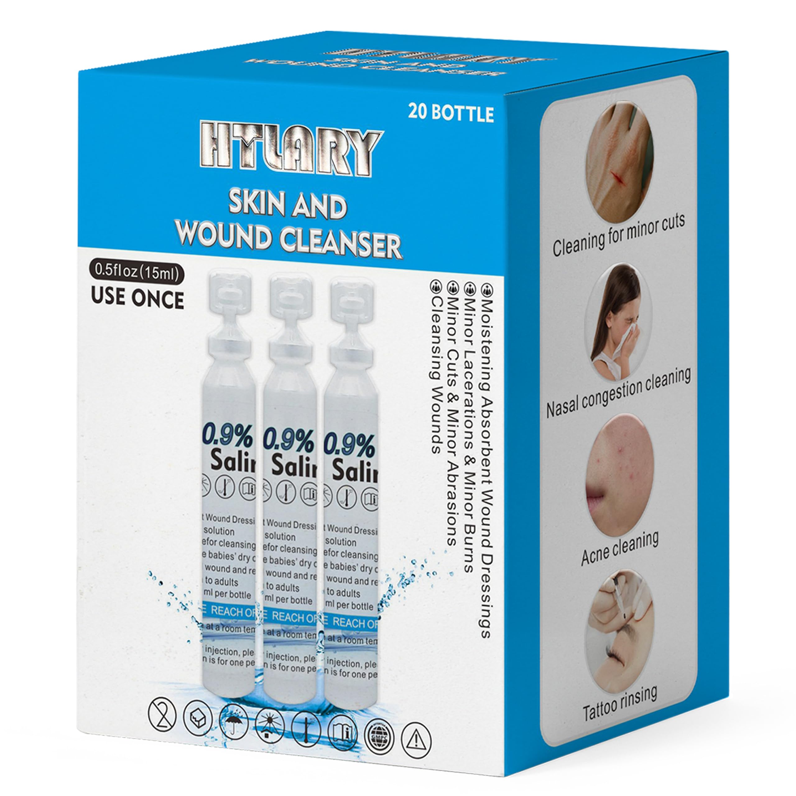 HTLARY Sterile Saline Solution, 20-Pack Skin and Wound Cleanser, 0.9% Sodium Chloride Wound Wash & Nasal Rinse