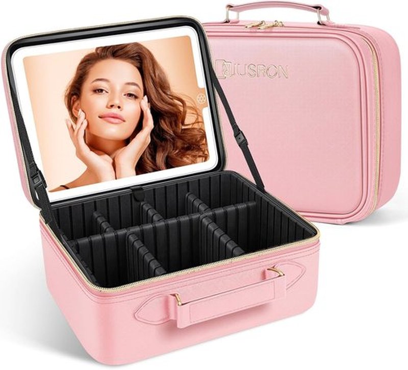 JUSRON Travel Makeup Bag - Portable Organizer with LED Mirror & Adjustable Dividers | Large Pink
