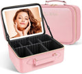 JUSRON Travel Makeup Bag - Portable Organizer with LED Mirror & Adjustable Dividers | Large Pink