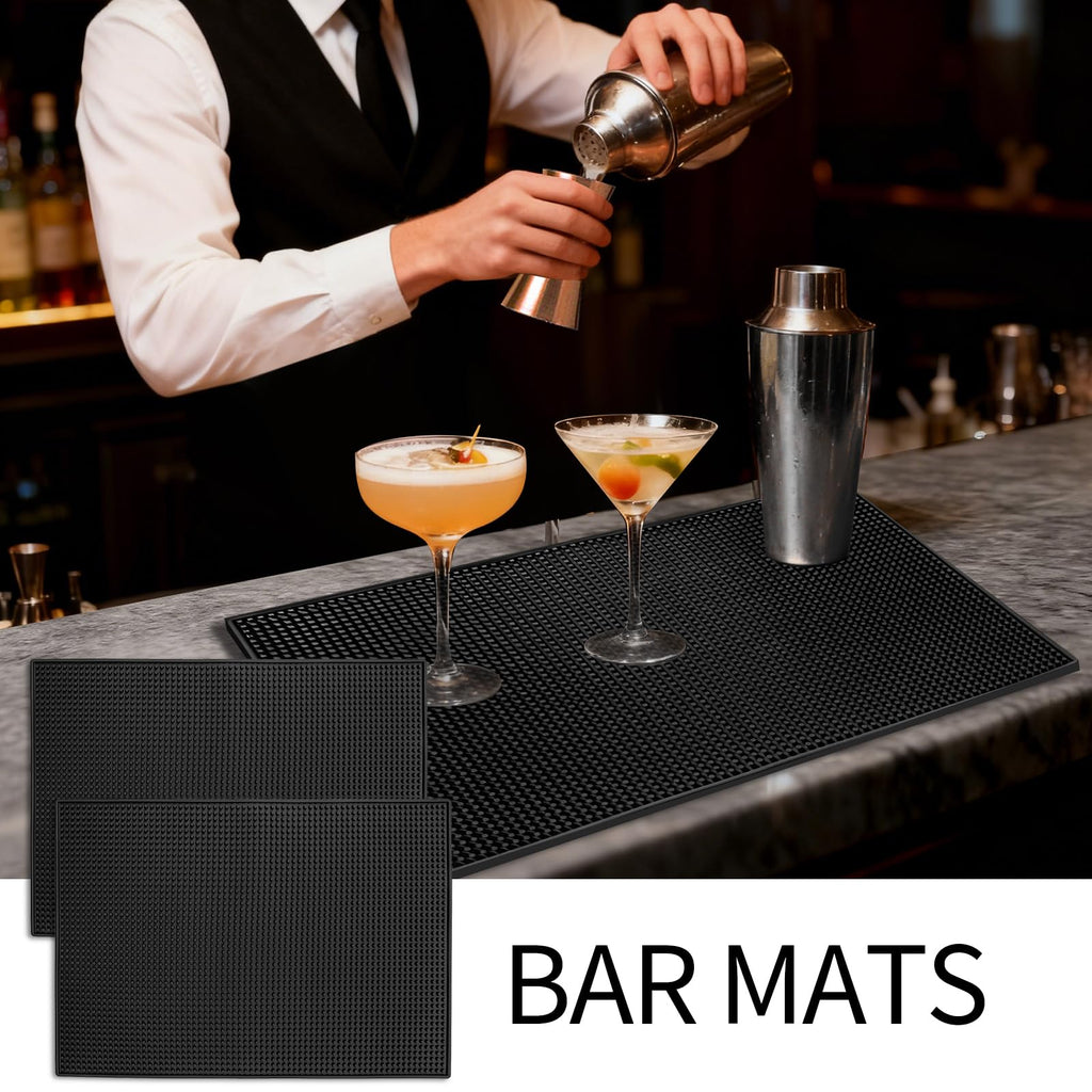 Jibrelxion 2 Pack Rubber Bar Mats for Countertop, 18" x 12" Dish Drying Spill Mat, Coffee Bar Mats Accessories for Cocktail Service in Bartending, Home, Kitchen, Restaurants, Black