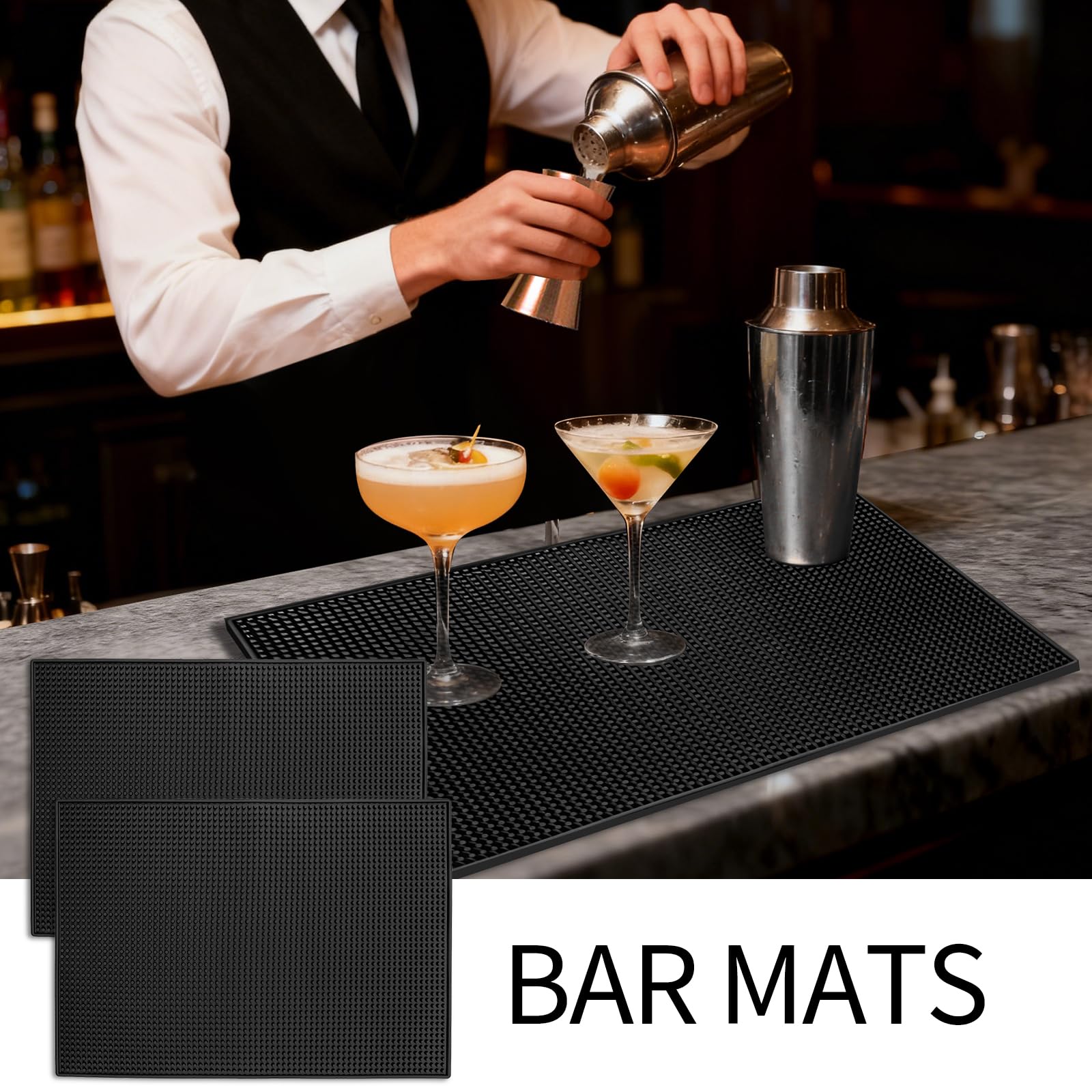 Jibrelxion 2 Pack Rubber Bar Mats for Countertop, 18" x 12" Dish Drying Spill Mat, Coffee Bar Mats Accessories for Cocktail Service in Bartending, Home, Kitchen, Restaurants, Black