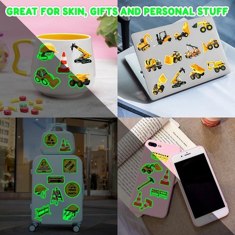 96 PCS Construction Car Truck Pre-Cut Luminous Glow in the dark Temporary Tattoos for Kids | Super Cute Themed Birthday Party Favors, Supplies, Decorations, Fake Tattoo Stickers Gifts for Boys Girls