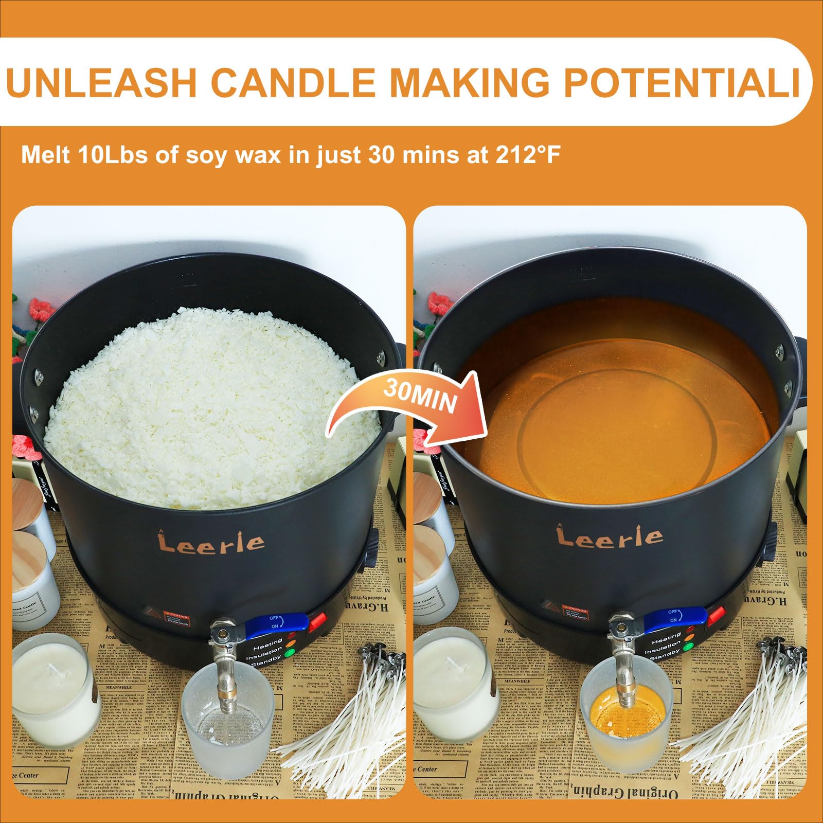 Leerie 20Lbs Commercial Wax Melter for Candle Making, L10 Extra Large Electric Wax Melting Pot Kit for Candle Making Business with Heating Core Brass Spout & Temp Control & Heat Resistant Handle