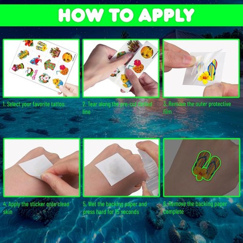 96 PCS Hawaiian Pre-Cut Tattoos Birthday Party Decorations Supplies Favors Tiki Hawaii Luau Hibiscus Temporary Tattoos Flower Tropical Summer Beach Aloha Palm Stickers School Prizes Rewards (Luminous)