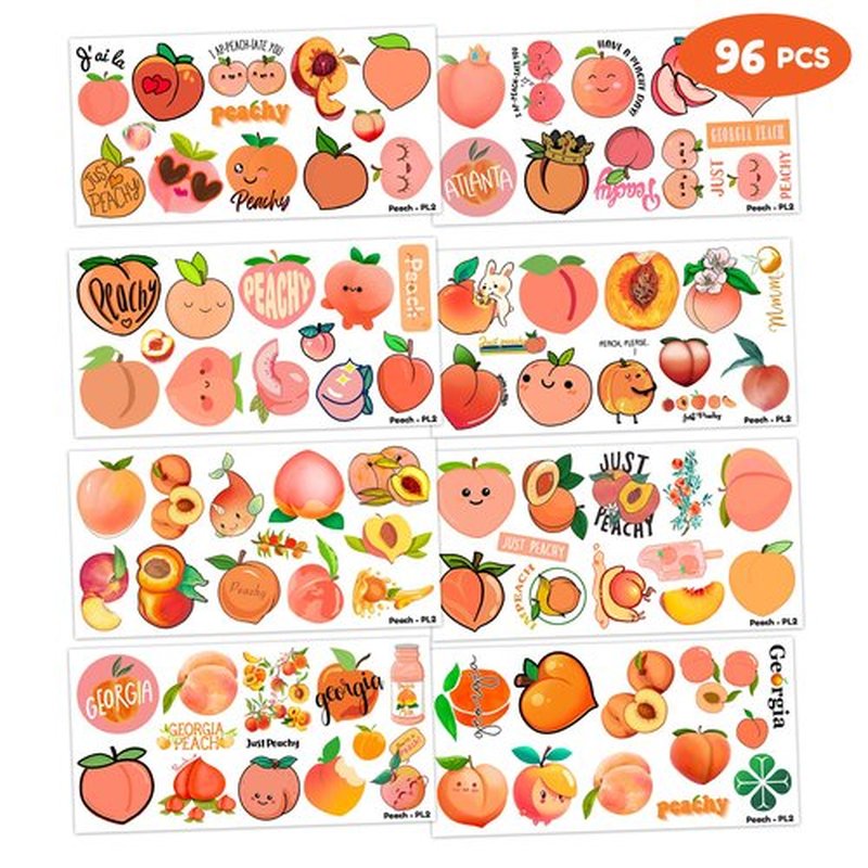 96PCS Fruit Peach Temporary Tattoos Stickers Themed First Birthday Party Decorations Favors Supplies Decor Cute Pink Cartoon Just Peachy Tattoo Sticker Gifts For Kids Boys Girls School Prizes Carnival