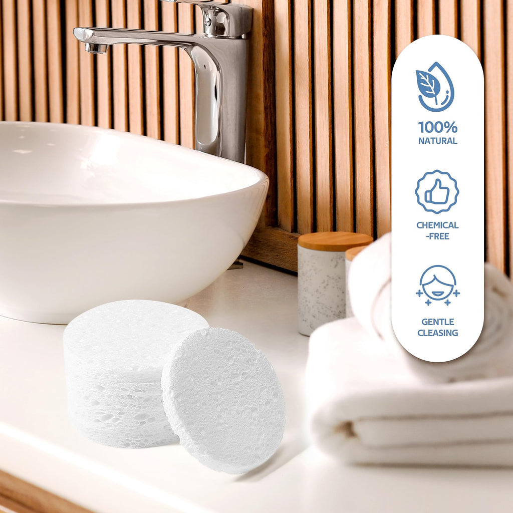 50-Count Compressed Facial Sponge, GAINWELL White Cellulose 100% Natural Cosmetic Spa Sponges for Facial Cleansing, Exfoliating Mask, Makeup Removal