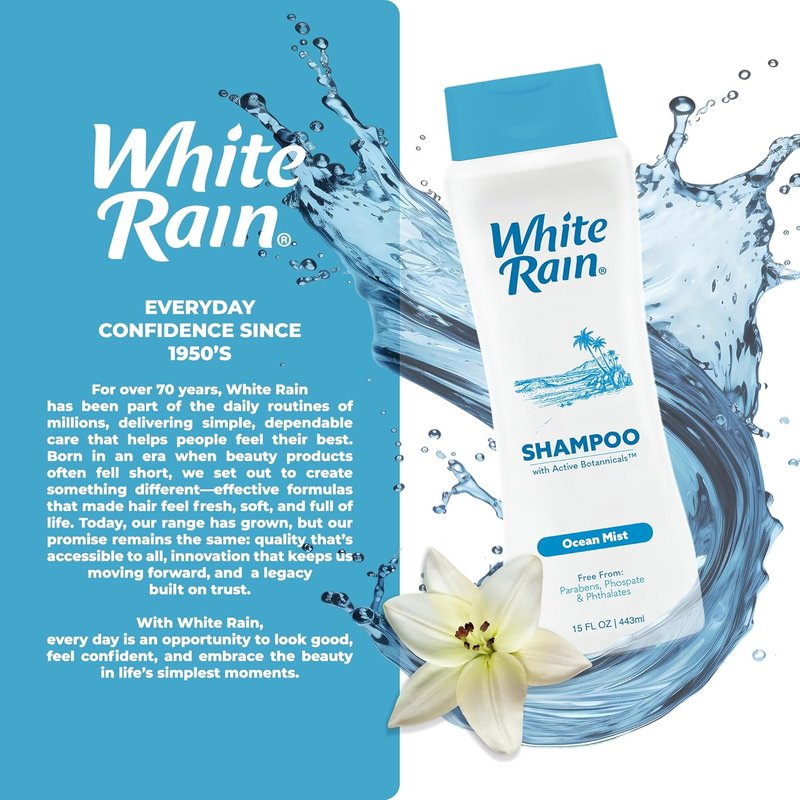 White Rain Moisturizing Shampoo - Ocean Mist Scent | Hydrating & Paraben-Free, 15 fl oz for All Hair Types