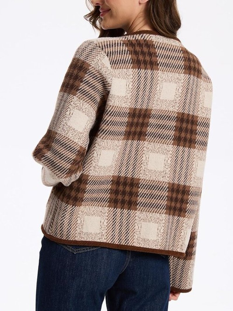 HOULENGS Women's Vintage Plaid Print Cardigan Sweater - Long Sleeve Knit Coat with Pockets