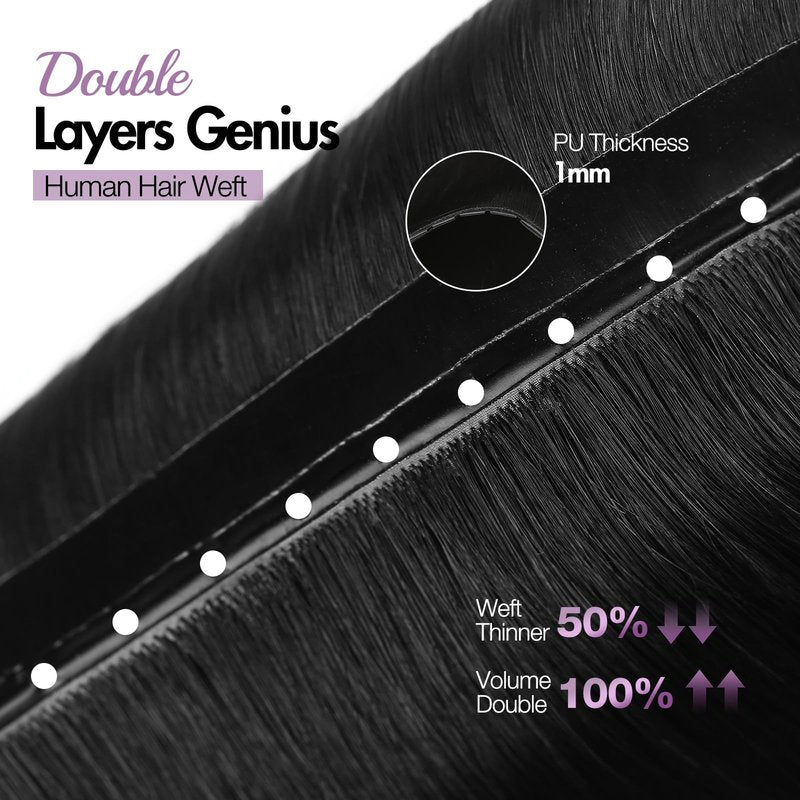 WIGER Invisible Butterfly Hair Extensions Real Human Hair Double Layer Genius PU Skin Weft Hand-tied Injected Remy Human Hair Extensions Twin Tabs 18 Inches Black Micro Bead Hair Extensions