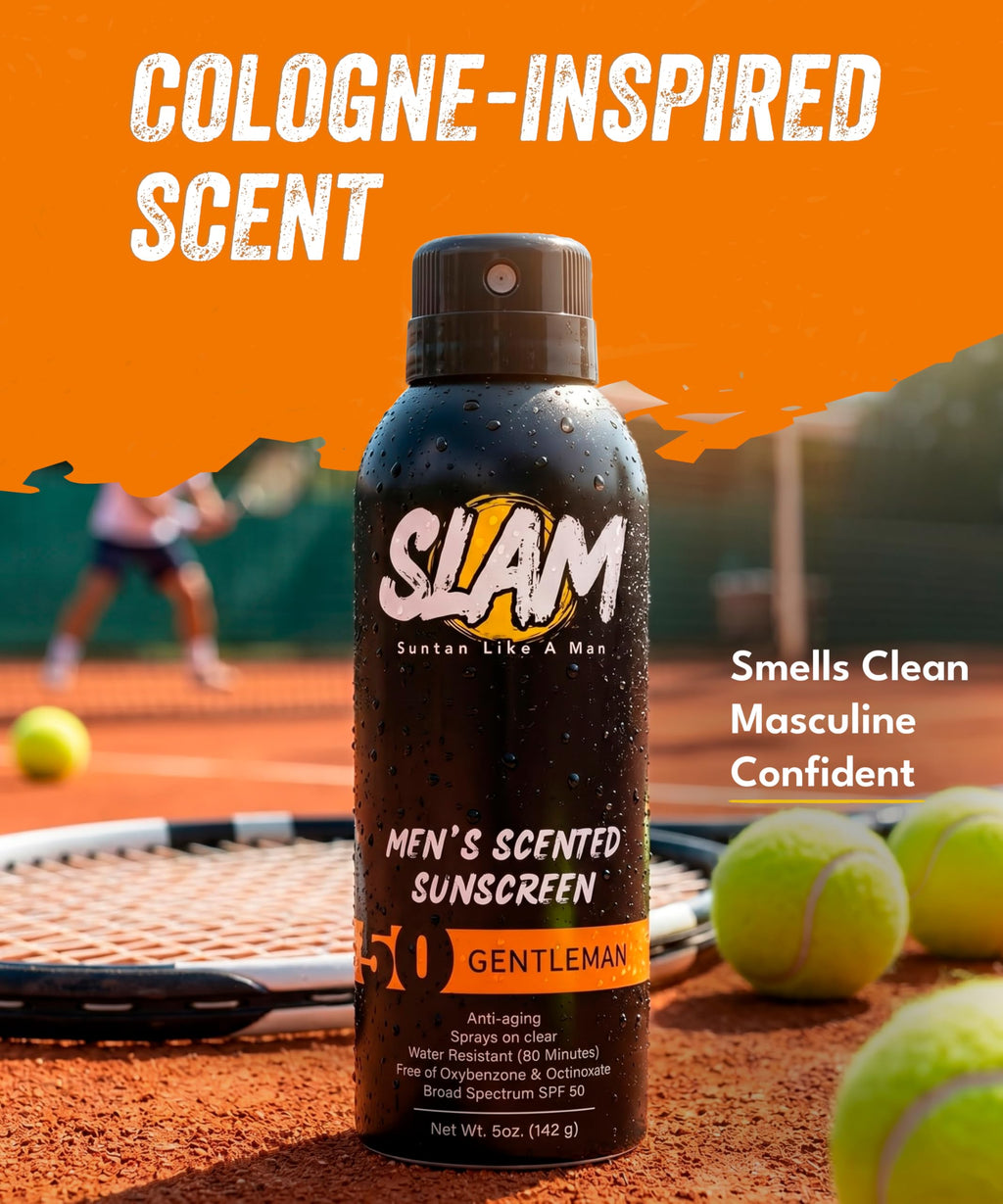 SLAM Men’s Sunscreen SPF 50 Spray - Broad Spectrum UVA/UVB Protection - Non-Greasy & No Harsh Chemicals - GentleMan Bergamot Cedar Patchouli Cologne Scented - 2 Pack