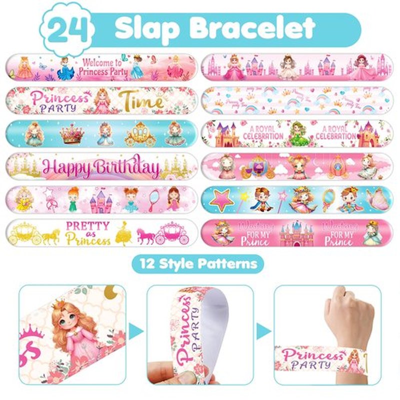 Cherisnowy 72PCS Little Princess Party Set - 48PCS Temporary Tattoos & 24PCS Slap Bracelets - Cute Birthday Supplies, Baby Shower Gifts, Classroom Rewards & Princess-Themed Decor for Girls