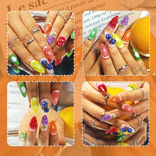 Handmade Press On Nails Almond, Fruit 3D Press On Nails Medium, Orange 3D Nails Strawberry Lemon Fruit With Bubble For Women Gift, Reusable Stick On Fake Nails Kit With Nail Glue(Fruit Fiesta-L)