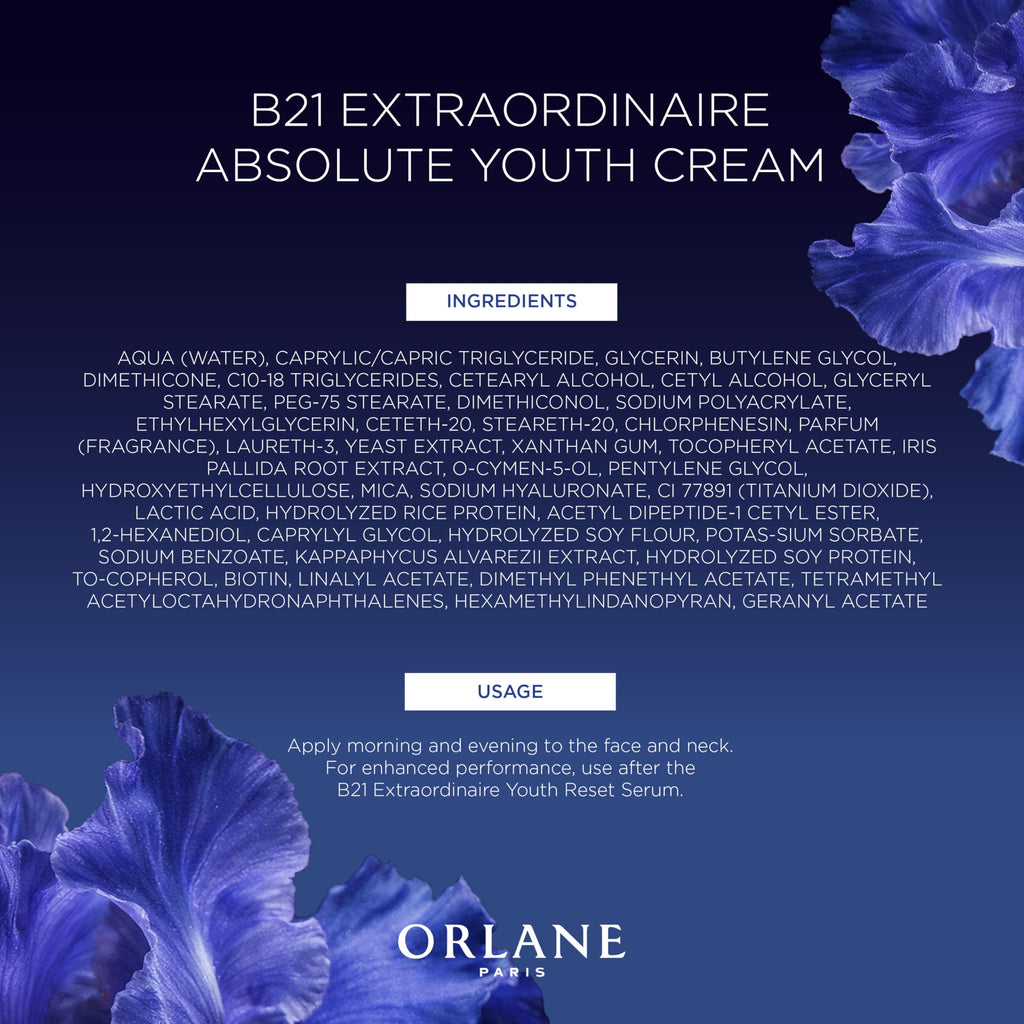 Orlane Paris B21 Extraordinaire Absolute Youth Cream, Anti-Aging Cream with Exclusive Youth Reset Complex to Plump and Revive Skin, Contains 21 Amino Acids from Pale Iris Stem Cells, 1.7 Fl Oz, 50 ml