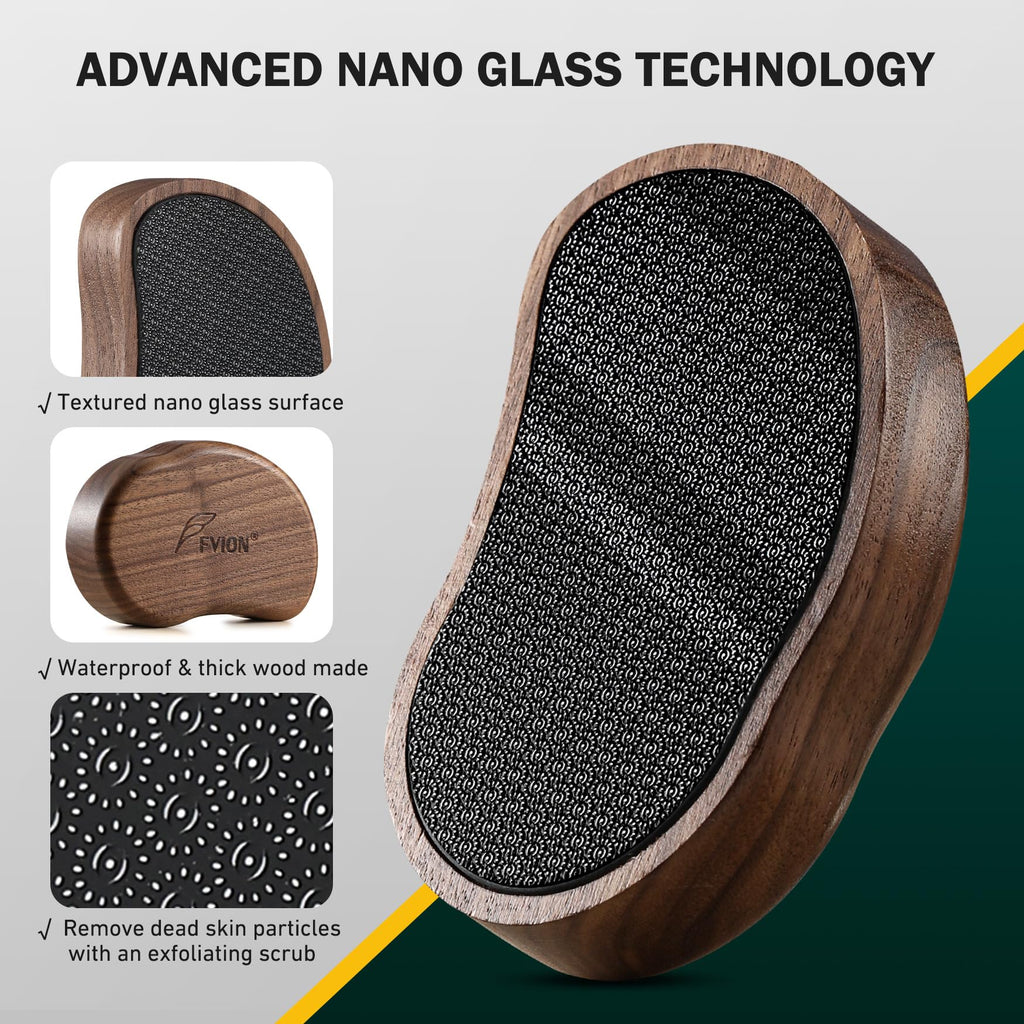 FVION Nano Glass Foot File with Bamboo Handle - Foot Scrubber Dead Skin Pumice Stone for Feet - The Ultimate Gentle Pedicure File Feet Callus Remover (Brown)