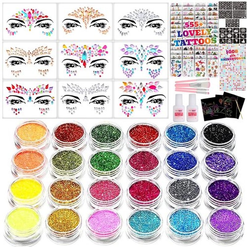 Glitter Tattoos for Kids, Glitter Tattoo kit, Face Gems, Rhinestones, Temporary Tattoos, Face Glitter Festival, face gems Stick on, Festival Accessories, face gem for Festivals,Girls Birthday Present