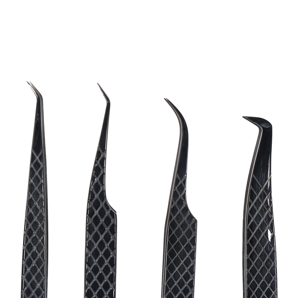 M LASH Tweezers for Eyelash Extensions (Set of 4) - Professional Lash Extension Tweezers - Fiber Tip, Japanese Steel, Diamond Grip Eyelash Extension Tweezer (Black)