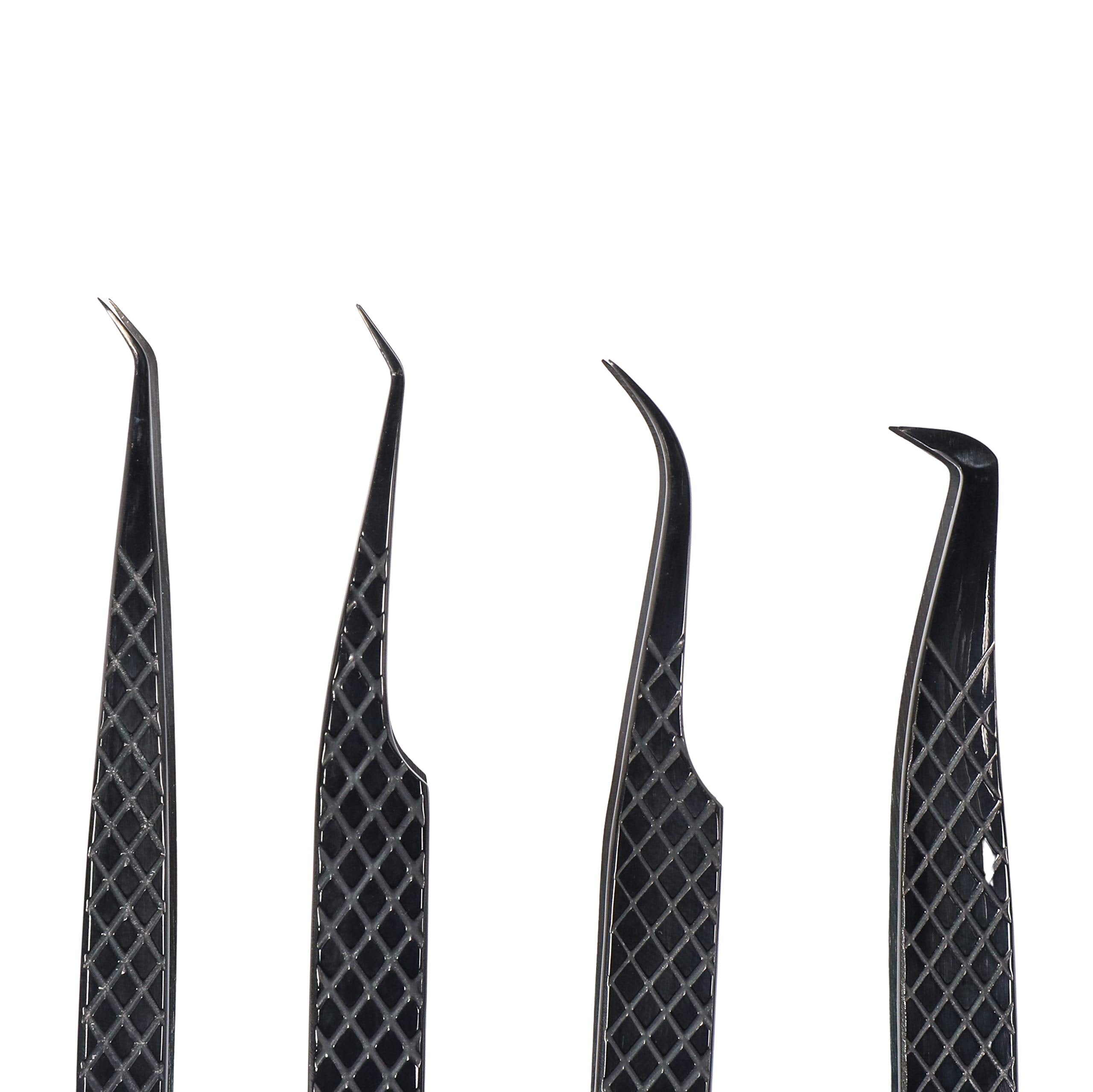 M LASH Tweezers for Eyelash Extensions (Set of 4) - Professional Lash Extension Tweezers - Fiber Tip, Japanese Steel, Diamond Grip Eyelash Extension Tweezer (Black)