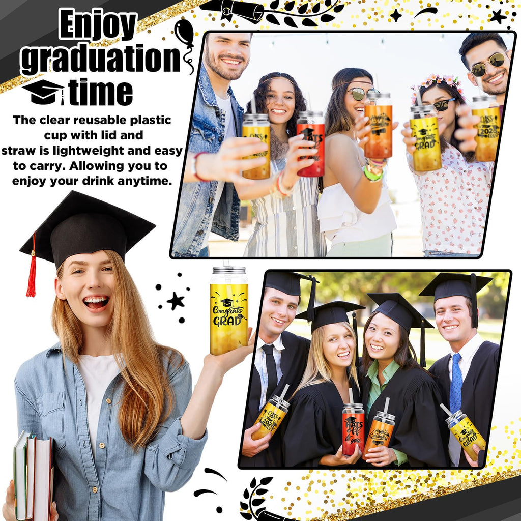 Jingmore 24 Pcs Black Graduation Cups with Straws Bulk 13.5 oz Class of 2026 Plastic Mason Jars Reusable Tumbler Coffee Tea Hot Cocoa Beverage Happy Graduation Tumbler for Congrats Grad Party Gifts