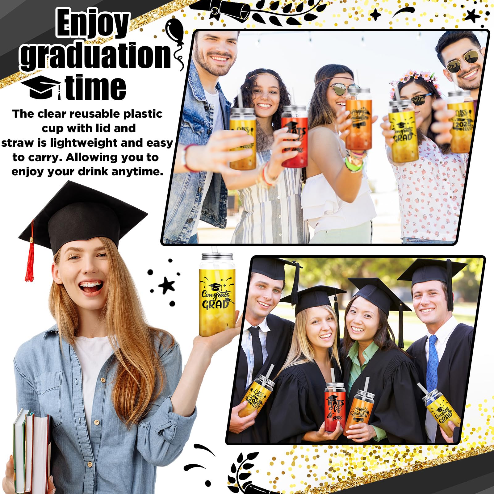 Jingmore 24 Pcs Black Graduation Cups with Straws Bulk 13.5 oz Class of 2026 Plastic Mason Jars Reusable Tumbler Coffee Tea Hot Cocoa Beverage Happy Graduation Tumbler for Congrats Grad Party Gifts