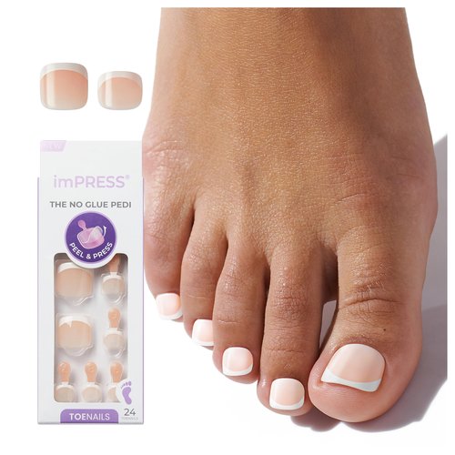 KISS imPRESS Pedicure French Tip Press On Toenails, 'Blanc Chic', White, Short Squoval, Pedicure Nail Kit Includes 24 Press On Toenails, Prep Pad, Mini Nail File, & Pedicure Stick