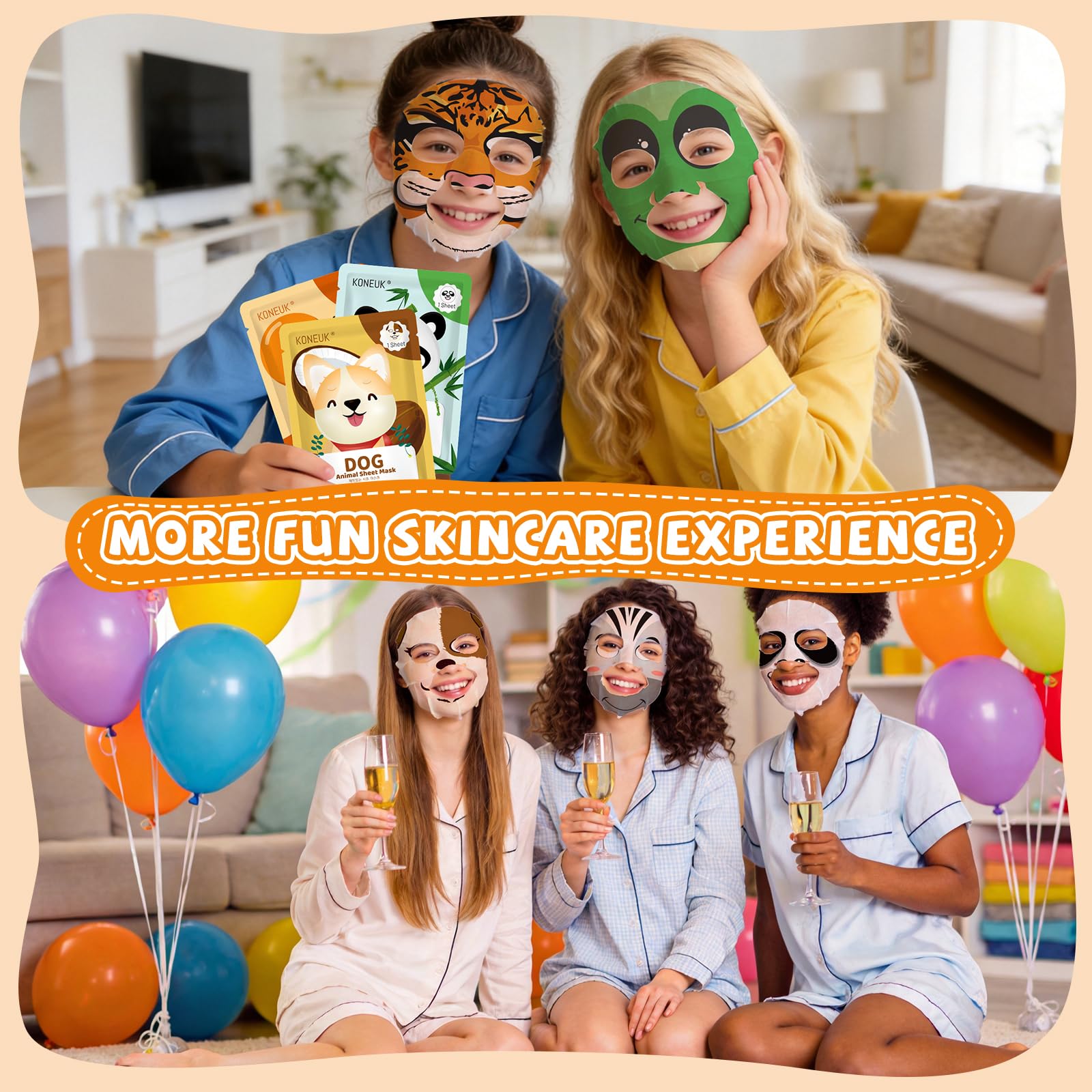 KONEUK 7 Pack Animal Hydrating Face Mask for Kids, Bulk Face Masks Skincare for Girls Teens, Kids Skin Care Set and Spa Day Kit, Spa Party Supplies for Girls