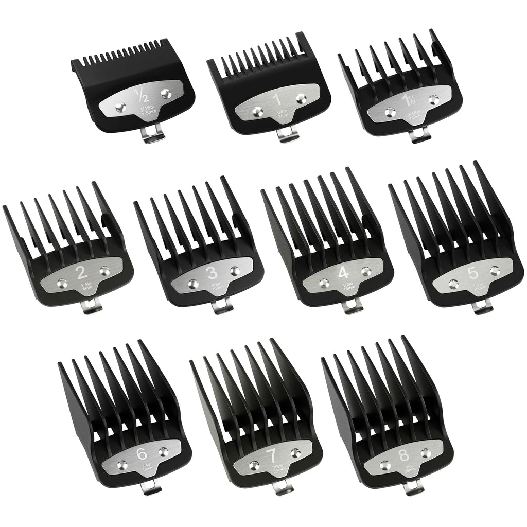 VALLNEI 10-Piece Metal Clip Clipper Guards for Wahl, Full Set #0.5 to #8 (1/16"-1"), Premium Guide Combs Compatible with Magic Clip, Senior, Legend, Super Taper, 100th Anniversary - Black
