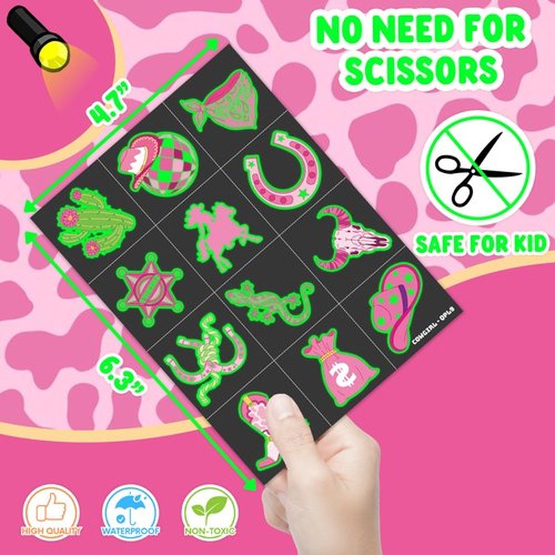 96 PCS Disco Western Cowgirl Pre-Cut Luminous Glow in the dark Temporary Tattoos for Kids | Super Cute Themed Birthday Party Favors Supplies Decorations, Pink Fake Tattoo Stickers Gifts for Boys Girls