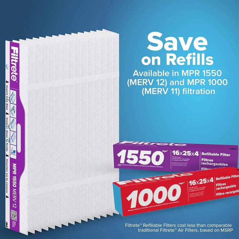 Filtrete Refillable Air Filter - MPR 1550, MERV 12, Allergen & Virus Protection - 16x25x4, 2 Pack