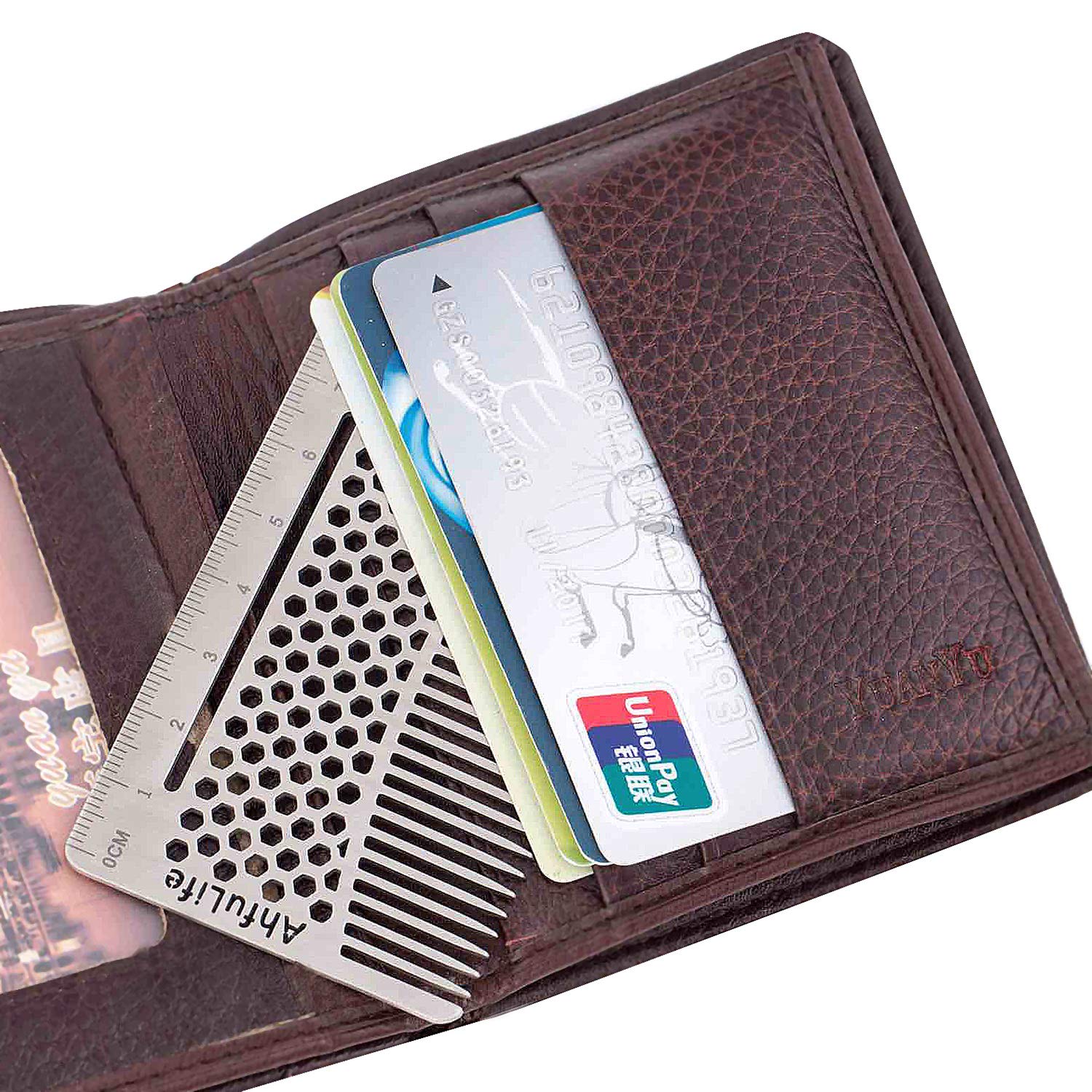 AhfuLife Stainless Steel Metal Hair&Beard Comb - Anti-Static Dual Action Beard Comb - Credit Card Size Combs Perfect for Wallet and Pocket - Presented in Gift Box