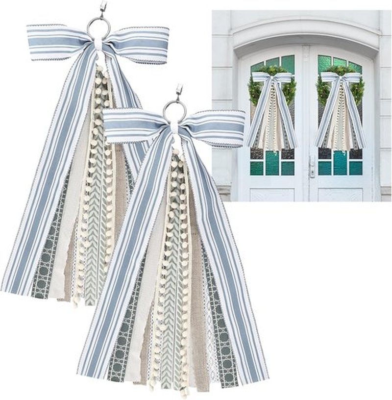 Suncalla Ribbon Bow Bundle - 2 Pcs Grayish Blue & Ivory for Large Wreaths | Indoor/Outdoor Decor