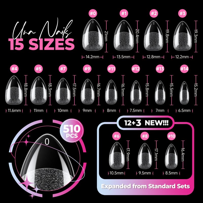 UNA GELLA Short Almond Nail Tips, 510Pcs 15 Sizes Pre-Etched Soft Gel Nail Tips Almond Shape Half Matte Full Cover Clear Fake Nails Extensions for DIY & Salon Manicure Soak Off