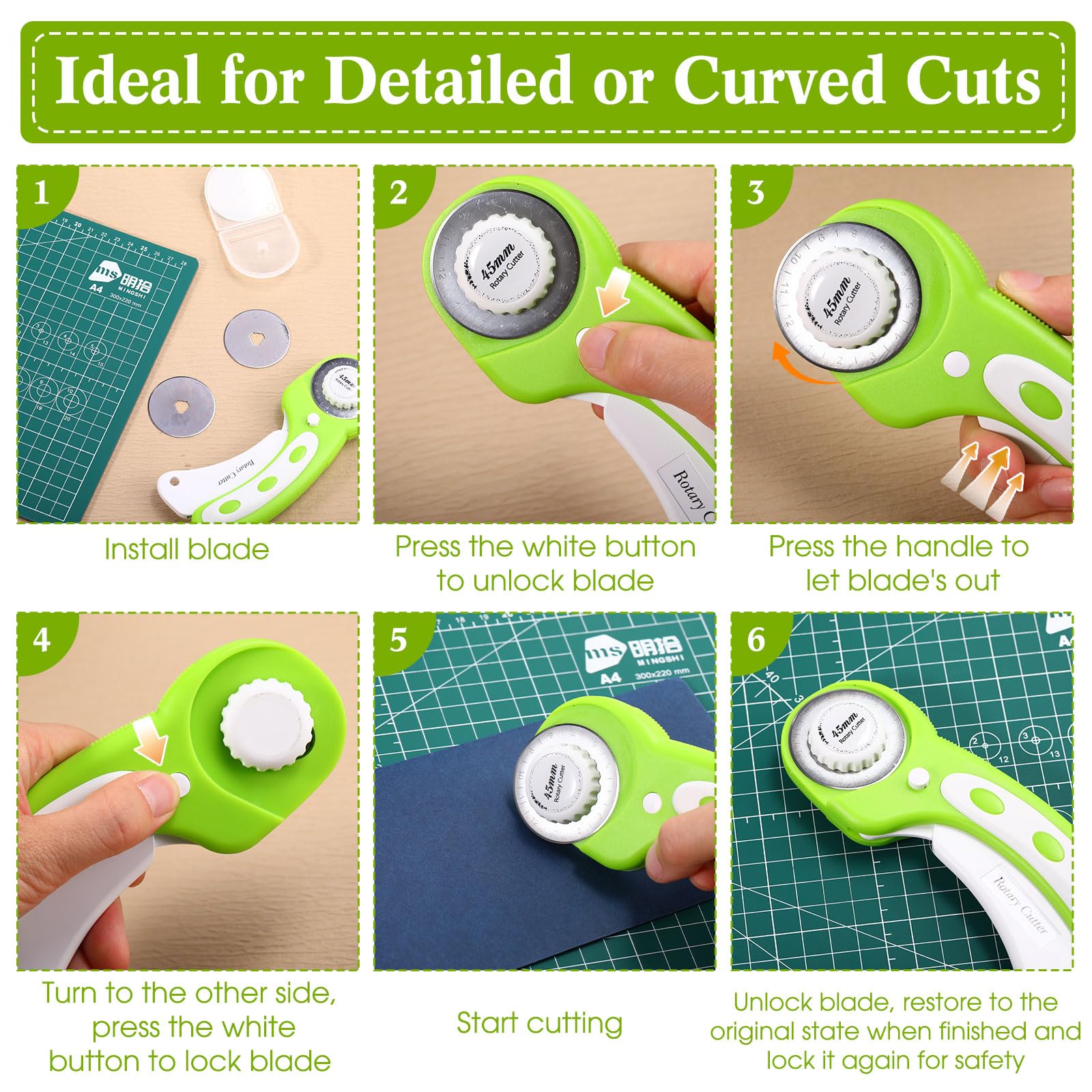 Chunful 5 Pcs Rotary Cutter Set 2 Pcs A4 Self Healing Cutting Mat & 45mm Fabric Cutter Wheel with 2 Blades 9 x 12 Inch Sewing Cutting Mats for Crafts Quilting Patch Working Hobby
