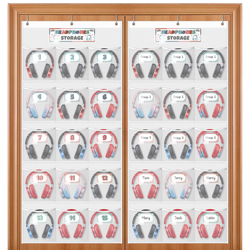 BOHEMIABY 2 Pcs Headphone Storage Classroom with 30 Durable Polyester Mesh Pockets, Door Hanging Headphone Holder for Classroom Library, Headphone Organizer with 122 Reusable Card & 6 Hooks