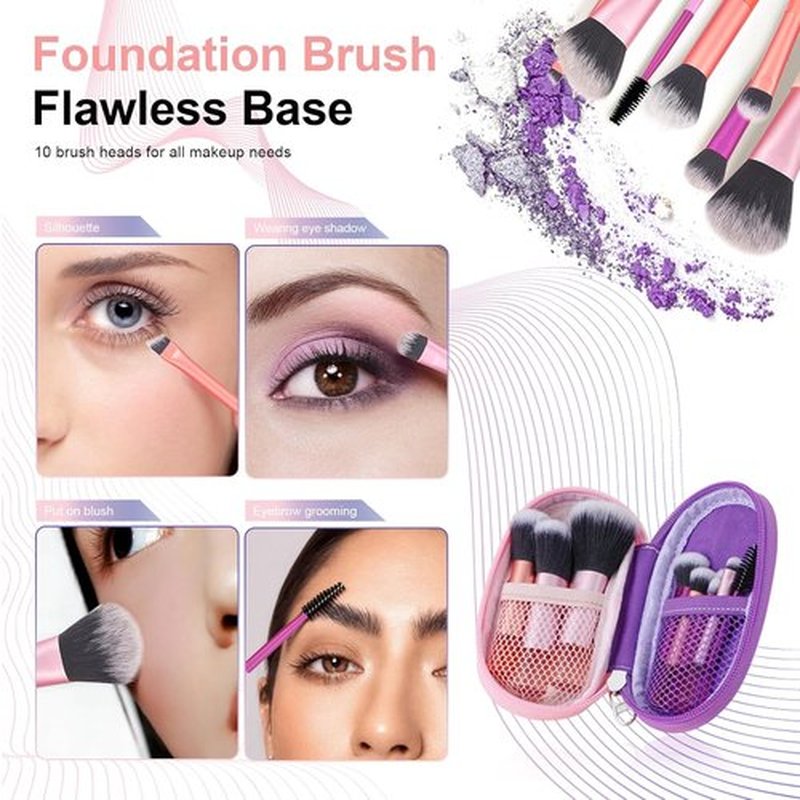 Skiennix Portable Mini Travel Makeup Brush Set - 10 Pcs with Soft Synthetic Bristles for Full Face | Compact Pouch Included