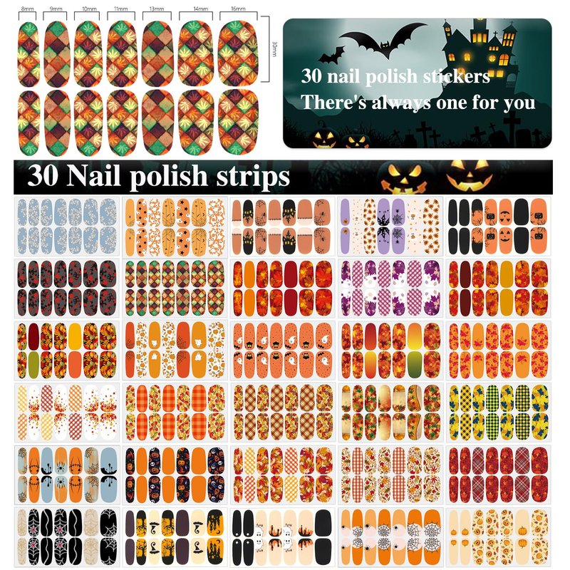 XEAOHESY 30 Sheets Maple Leaf Theme Halloween Stick On Nail Polish Strips Nail Stickers Decals Holiday Full Nail Wraps for Women Halloween Nail Art