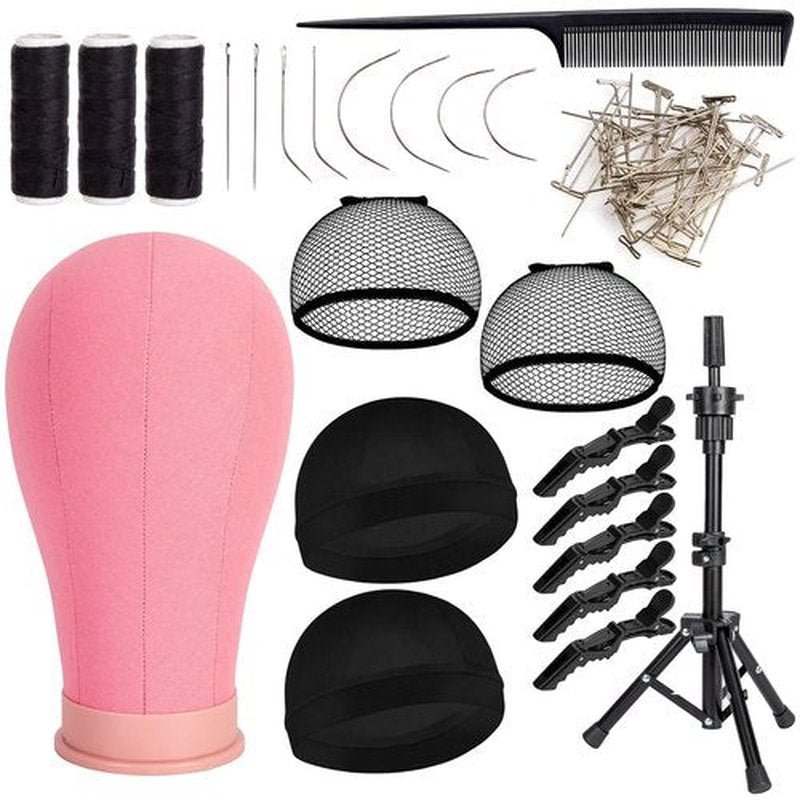 koskusder 22 Inch Canvas Wig Head with Stand Cork Canvas Mannequin Head with Wig Head Stand Manikin Head Block Set for Wigs Trimming Making Display with T Pins Set (Pink)