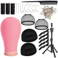 koskusder 22 Inch Canvas Wig Head with Stand Cork Canvas Mannequin Head with Wig Head Stand Manikin Head Block Set for Wigs Trimming Making Display with T Pins Set (Pink)