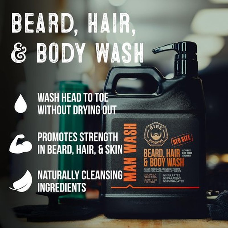 GIBS Grooming - Amber Man Wash (12 fl oz) 3-in-1 Beard, Hair, Body Soap - Citrus, Oak, Basil Scent - Sulfate Free - Tea Tree Oil, Hemp Oil, Protein - Mens Body Wash & Mens Shampoo - Made in USA