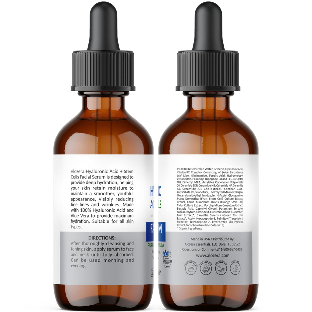 Alozera Hyaluronic Acid Serum for Face with Stem Cells, Deep Hydrating & Plumping Facial Serum for Dry Skin, Helps Improve Smoothness & Elasticity, Anti-Aging Moisturizing Serum for Day & Night