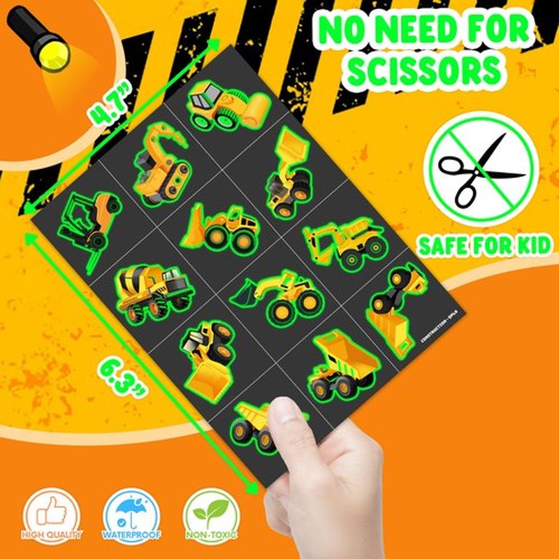 96 PCS Construction Car Truck Pre-Cut Luminous Glow in the dark Temporary Tattoos for Kids | Super Cute Themed Birthday Party Favors, Supplies, Decorations, Fake Tattoo Stickers Gifts for Boys Girls