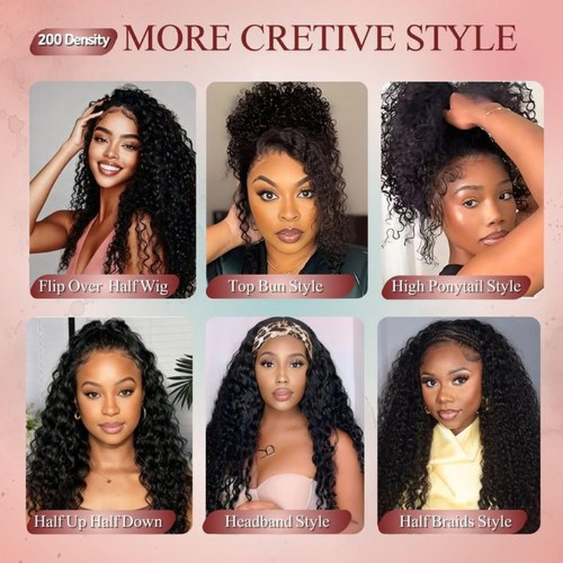 Pinketer Deep Wave Half Wig Human Hair 24inch Wear and Go Glueless Curly Wig 200% Density 3 In 1 Seamless Flip Over Drawstring No Headband Wig for Black Women Beginner Friendly Natural Color