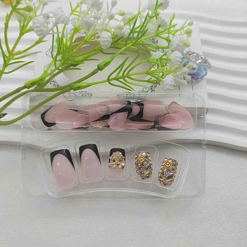 Medium Press on Nails Square Fake Nails with Bow Rhinestones Designs Black French Tip Nails Press ons Gold Glitter Acrylic Nails for Women 24Pcs