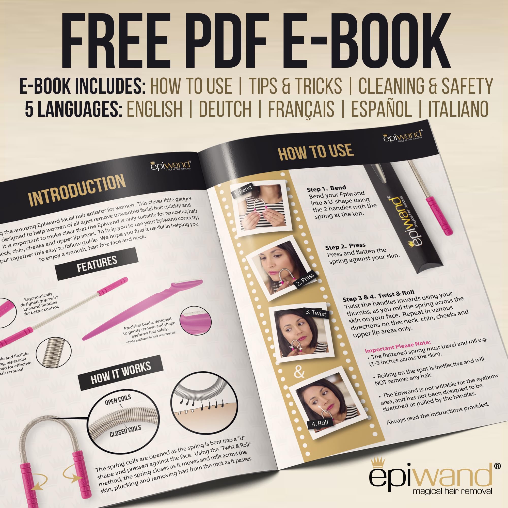 Epiwand Facial Hair Remover Spring Threading Tool - Our Women’s Facial Epilator Coil Removes Peach Fuzz, Chin, Cheek, Neck, Mustache and Upper Lip Hair Quickly - How to Use Instructions in Box.