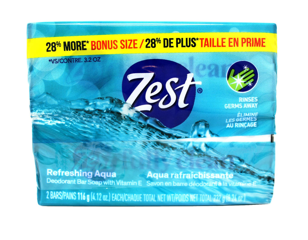 Zest Refreshing Aqua Deodorant Bar Soap with Vitamin E, Rinses Germs Away, 2 ct, 4.12 oz Each (Pack of 3)