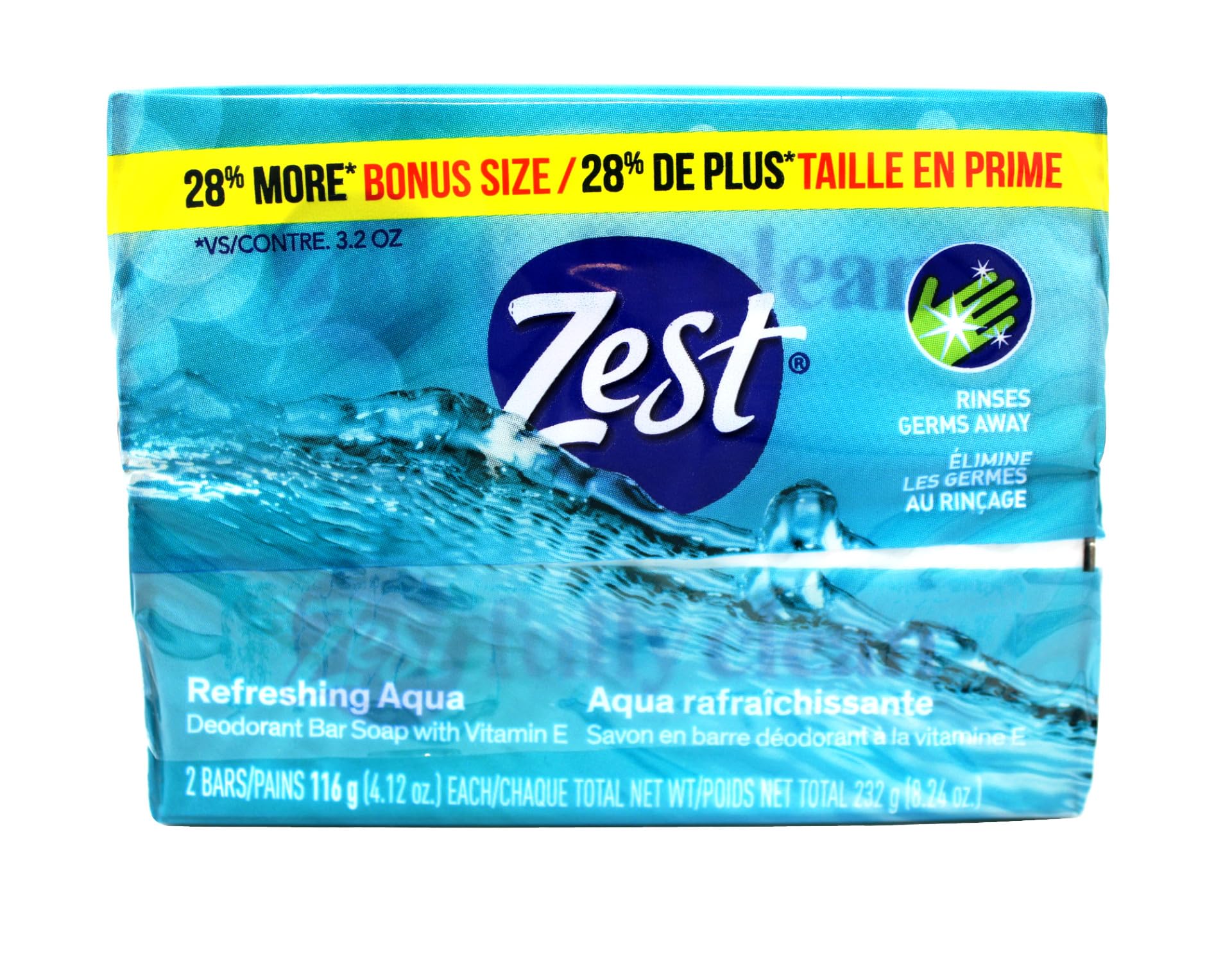 Zest Refreshing Aqua Deodorant Bar Soap with Vitamin E, Rinses Germs Away, 2 ct, 4.12 oz Each (Pack of 3)