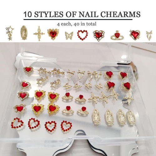 Gold Nail Charms - 40PCS 3D Gold Bows, Red Rhinestones & Cross Virgin Mary Charms for Y2K Nail Art | Birthday Gifts, DIY Manicure Supplies (Cute Metal & Rhinestone Mix)