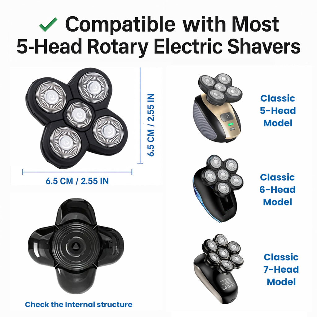 5-Head Replacement Blades for Men's Electric Head Shavers, Universal Snap-on Rotary Razor Refills, Professional Bald Head Grooming Blade with Cleaning Brush, Waterproof & Floating Design (1 Pack)