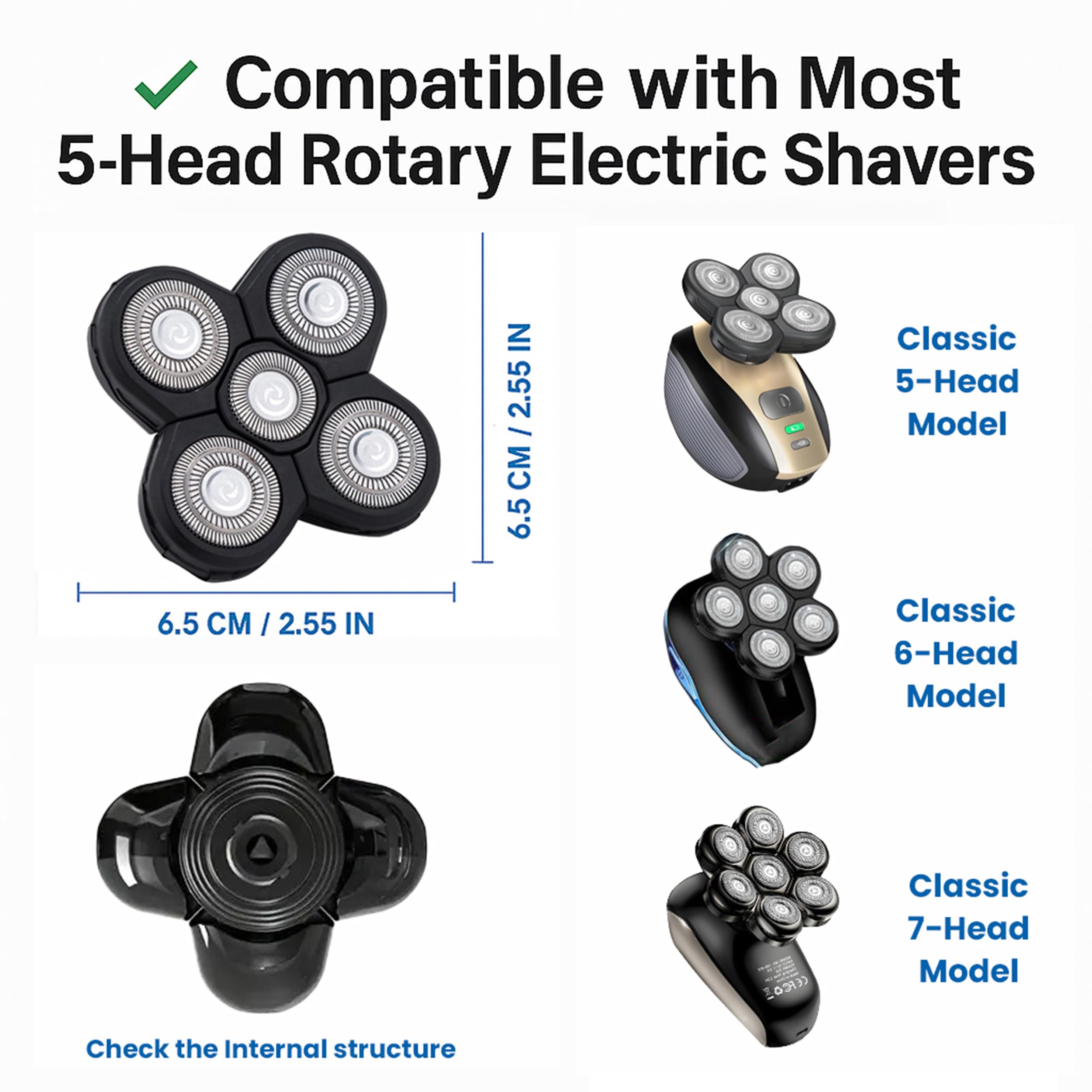 5-Head Replacement Blades for Men's Electric Head Shavers, Universal Snap-on Rotary Razor Refills, Professional Bald Head Grooming Blade with Cleaning Brush, Waterproof & Floating Design (1 Pack)
