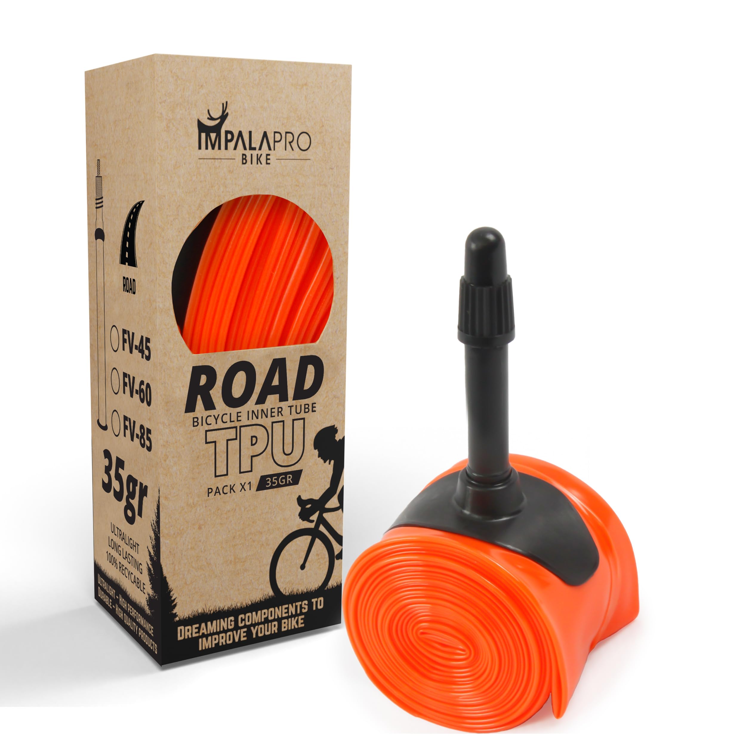 IMPALAPRO Ultralight Road Bike TPU Inner Tube 700C 35g 0.25mm Thick Compatible with 700x18/23/25/28/30/32C Presta Valve 45/65/85mm -Bicycle Inner Tube 700C - TPU Tubes (1Pc - Val 45mm 35g)