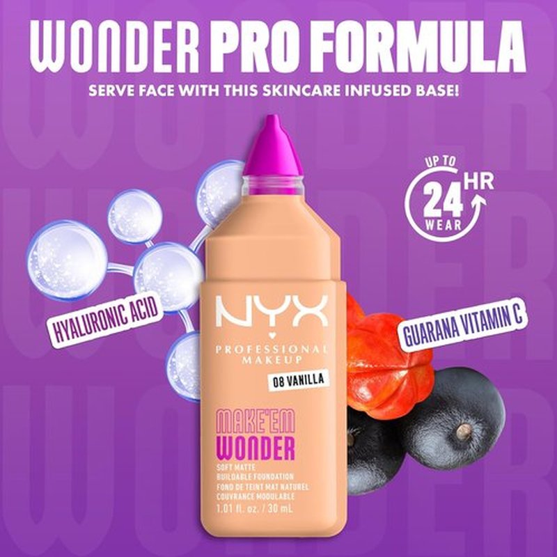 NYX Professional Makeup Make 'Em Wonder Liquid Foundation - 24HR Soft Matte Finish, Buildable Full Coverage | 08 Vanilla